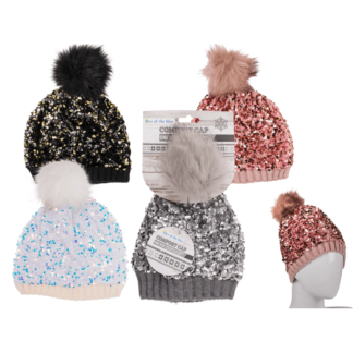 Comfort cap with artifical fur pompom & sequins
