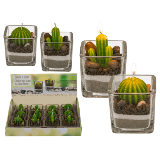 Candle in glass, Cactus with sand & stone deco,