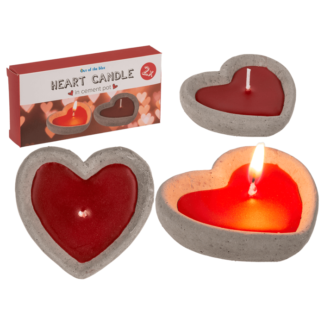 Red candle in cement pot, heart shaped,