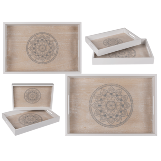White/natural coloured wooden tray, Mandala,