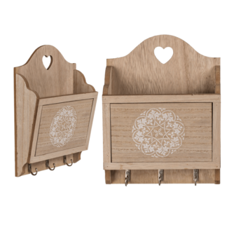 Natural coloured wooden key box with 3 hooks &,