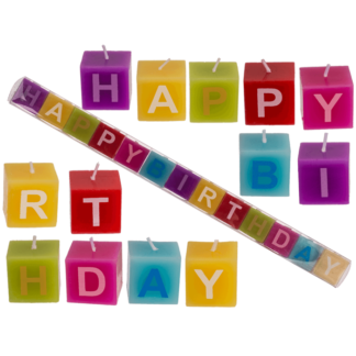 Multi coloured square candles with letters,