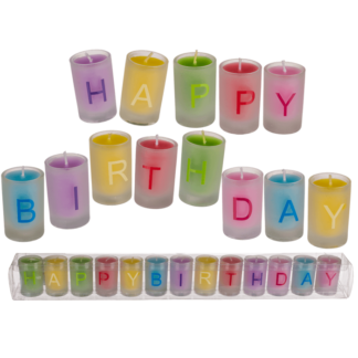 Coloured candles in glass, Happy Birthday,