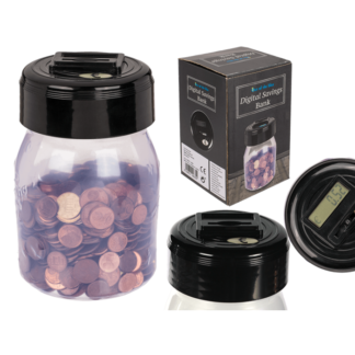 Plastic savings bank with € counter and display,