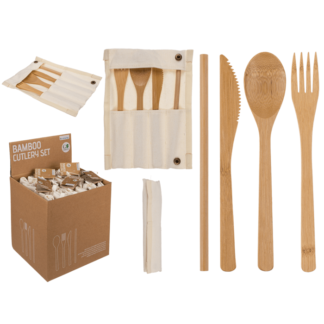 Bamboo Cutlery Set, 4 pcs set in textile pouch,