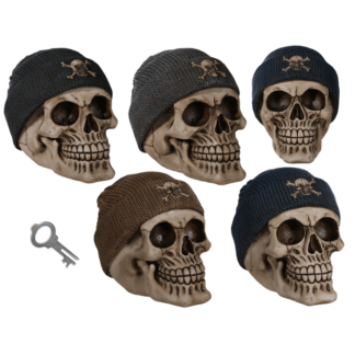 Polyresin savings bank, Skull with fishers hat,