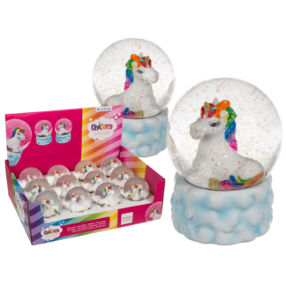 Polyresin glitter globe, Lying unicorn on cloud,