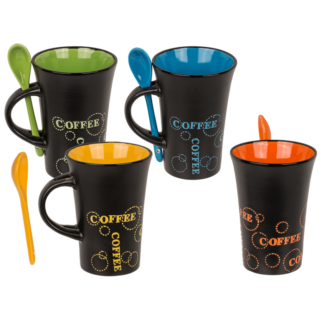 Black Ceramic Mug with spoon, Coffee,