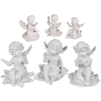 Sitting polyresin angel with pearl on flower,