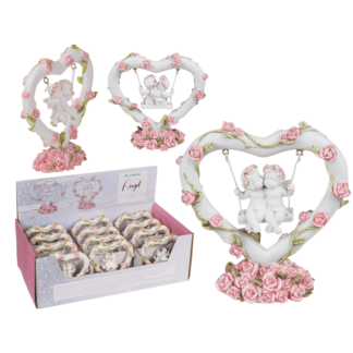 Polyresin angel couple in heart swing with pink,