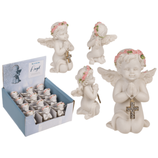 Kneeling polyresin angel with pink coloured