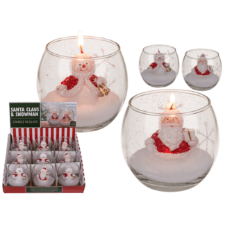 Candle in glass, Snowman and Santa,