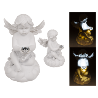 Sitting polyresin angel with white LED heart,
