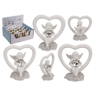 Sitting polyresin angel in heart with crystal