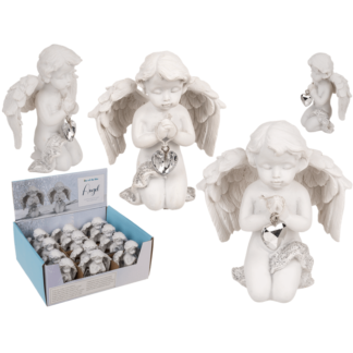 Kneeling polyresin angel with crystal heart,