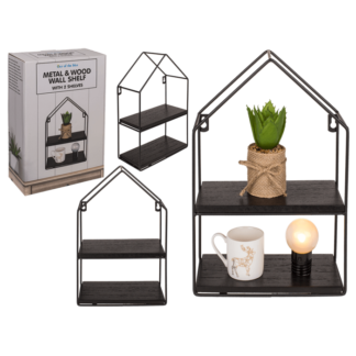 Metal-/wooden wall shelf, with 2 floors,