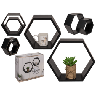 Black colored wooden wall shelf, 6 squares,