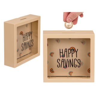 Cream coloured plastic saving box with rainbows,