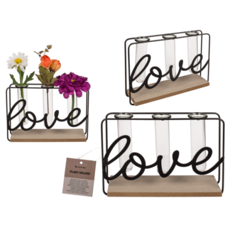 Metal plant holder on wooden base, Love,