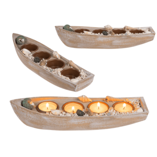 Wooden boat for 4 tealights, with mussels