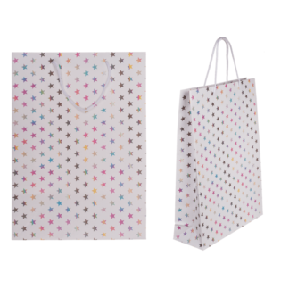 White colored paper gift bag, Holographic Stars,
