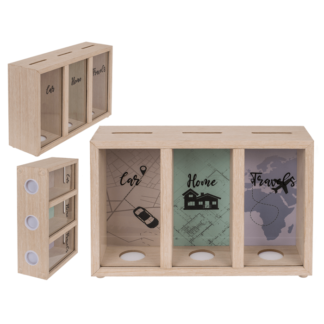 Wooden saving box with 3 boxes, Car/Home/Travels,