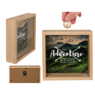 Wooden saving box, Adventure awaits,